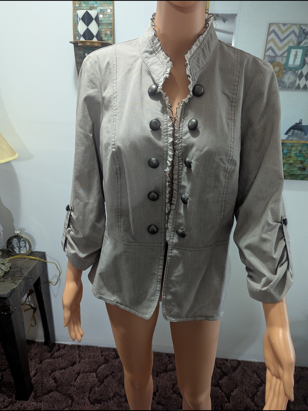 Apostrophe Gray Ruffle-Trim Military Button Blazer
